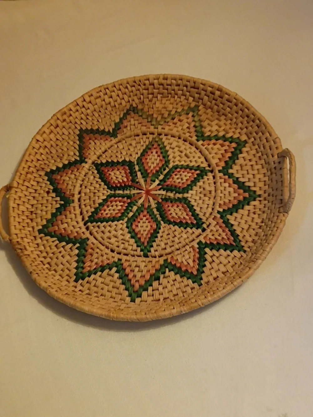 Woven Decorative Round Basket Tray - Natural with Green and Red Accents